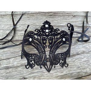 Vintage Metal Velvet Flocked Rhinestone Black Masquerade Mask